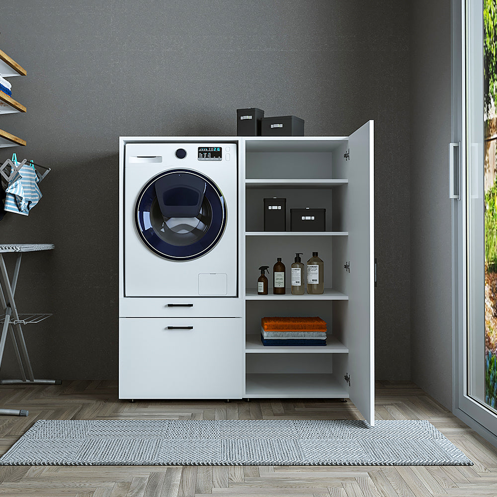 Roomart • Waschmachinenschrank für Hauswirtschaftsraum • HBT: 145x127x66,8 cm • Mit Schubladen und Ausziehbrett • Weiß • Schwarz eiche - überbauschrank waschmaschine  überbauschrank  Wäschekammer  washturm  washing machine cabinet  Waschturm für Waschmasc