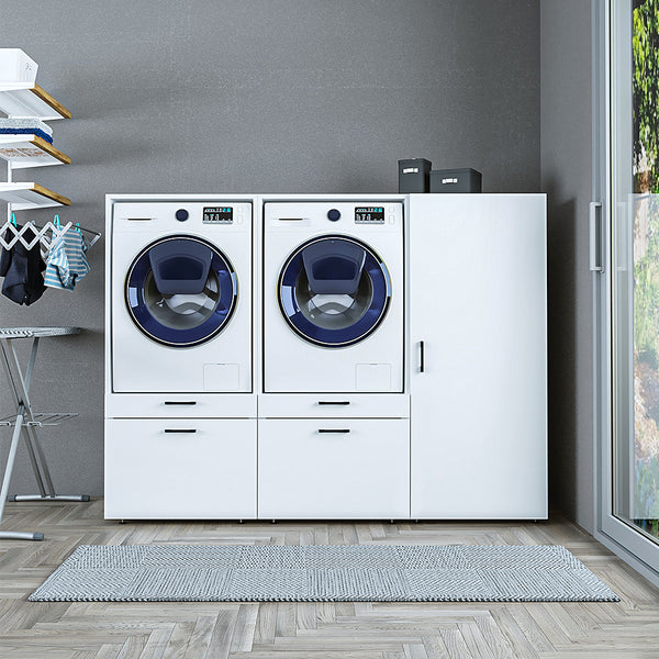 Roomart Schrankwand für Hauswirtschaftsraum & Waschküche – SERIE 2 - 194 cm breit, mit Schubladen & Ausziehbrett, Waschmaschinenschrank, Weiß / Schwarz-Eiche