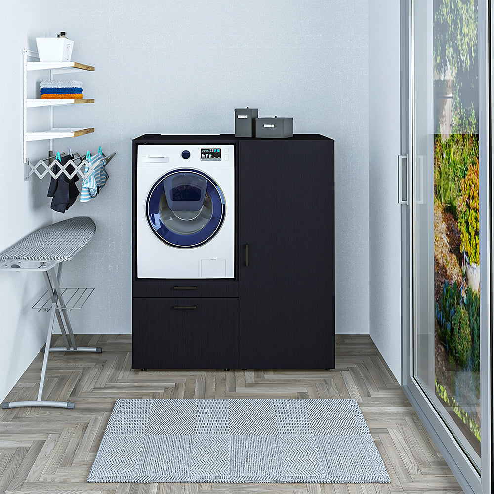 Roomart • Waschmachinenschrank für Hauswirtschaftsraum • HBT: 145x127x66,8 cm • Mit Schubladen und Ausziehbrett • Weiß • Schwarz eiche - überbauschrank waschmaschine  überbauschrank  Wäschekammer  washturm  washing machine cabinet  Waschturm für Waschmasc