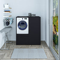 Roomart • Waschmachinenschrank für Hauswirtschaftsraum • HBT: 145x127x66,8 cm • Mit Schubladen und Ausziehbrett • Weiß • Schwarz eiche - überbauschrank waschmaschine  überbauschrank  Wäschekammer  washturm  washing machine cabinet  Waschturm für Waschmasc