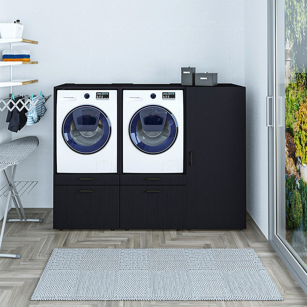 Roomart Schrankwand für Hauswirtschaftsraum & Waschküche – SERIE 2 - 194 cm breit, mit Schubladen & Ausziehbrett, Waschmaschinenschrank, Weiß / Schwarz-Eiche
