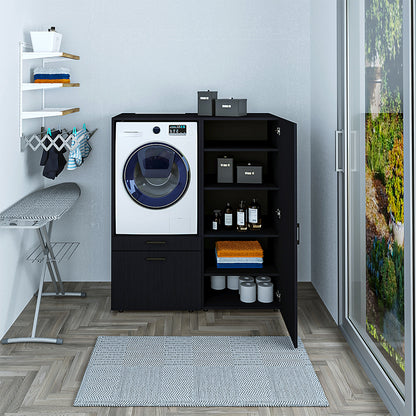Roomart • Waschmachinenschrank für Hauswirtschaftsraum • HBT: 145x127x66,8 cm • Mit Schubladen und Ausziehbrett • Weiß • Schwarz eiche - überbauschrank waschmaschine  überbauschrank  Wäschekammer  washturm  washing machine cabinet  Waschturm für Waschmasc