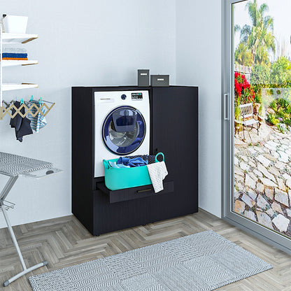 Roomart • Waschmachinenschrank für Hauswirtschaftsraum • HBT: 145x127x66,8 cm • Mit Schubladen und Ausziehbrett • Weiß • Schwarz eiche - überbauschrank waschmaschine  überbauschrank  Wäschekammer  washturm  washing machine cabinet  Waschturm für Waschmasc