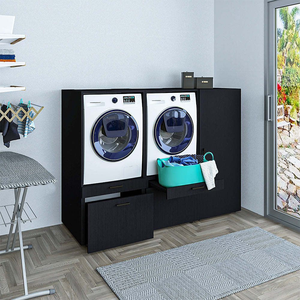 Roomart Schrankwand für Hauswirtschaftsraum Mit Schubladen und Ausziehbrett • Weiß • Schwarz eiche-zwischenbaurahmen trockner waschmaschine, antirutschmatte waschmaschine, waschmaschinen unterschrank, verbindungsrahmen waschmaschine trockner universal, un