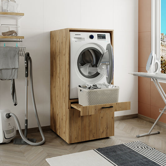 Roomart Waschmaschinenschrank mit Ausziehbrett & Schublade, in 3 Farben,  HBT : 145x67x65 cm • Weiss • Schwarz Eiche