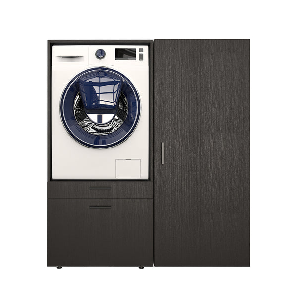 Roomart Waschmaschinenschrank für Hauswirtschaftsraum & Waschküche - SERIE 2 -  145 cm breit,  Mit Schubladen & Ausziehbrett • Weiß • Schwarz-Eiche