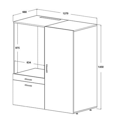 Roomart • Waschmachinenschrank für Hauswirtschaftsraum • HBT: 145x127x66,8 cm • Mit Schubladen und Ausziehbrett • Weiß • Schwarz eiche - überbauschrank waschmaschine  überbauschrank  Wäschekammer  washturm  washing machine cabinet  Waschturm für Waschmasc