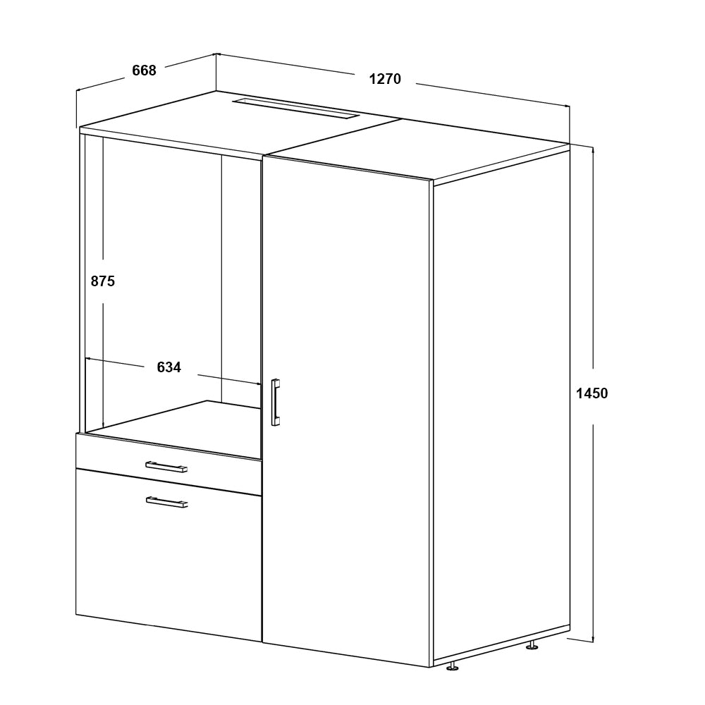 Roomart • Waschmachinenschrank für Hauswirtschaftsraum • HBT: 145x127x66,8 cm • Mit Schubladen und Ausziehbrett • Weiß • Schwarz eiche - überbauschrank waschmaschine  überbauschrank  Wäschekammer  washturm  washing machine cabinet  Waschturm für Waschmasc
