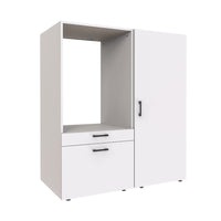 Roomart • Waschmachinenschrank für Hauswirtschaftsraum • HBT: 145x127x66,8 cm • Mit Schubladen und Ausziehbrett • Weiß • Schwarz eiche - überbauschrank waschmaschine  überbauschrank  Wäschekammer  washturm  washing machine cabinet  Waschturm für Waschmasc