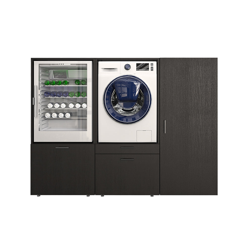 Roomart • Schrankwand für Hauswirtschaftsraum • Washturm Mit Schubladen und Ausziehbrett • Weiß • Schwarz Eiche - waschmaschinenschrank, washmaschinenschrank, wachmachinenschrank, waschmaschinenüberbau, waschmaschine trockner schrank, waschmaschine schran