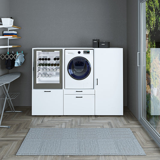 Roomart • Schrankwand für Hauswirtschaftsraum • Washturm Mit Schubladen und Ausziehbrett • Weiß • Schwarz Eiche - waschmaschinenschrank, washmaschinenschrank, wachmachinenschrank, waschmaschinenüberbau, waschmaschine trockner schrank, waschmaschine schran