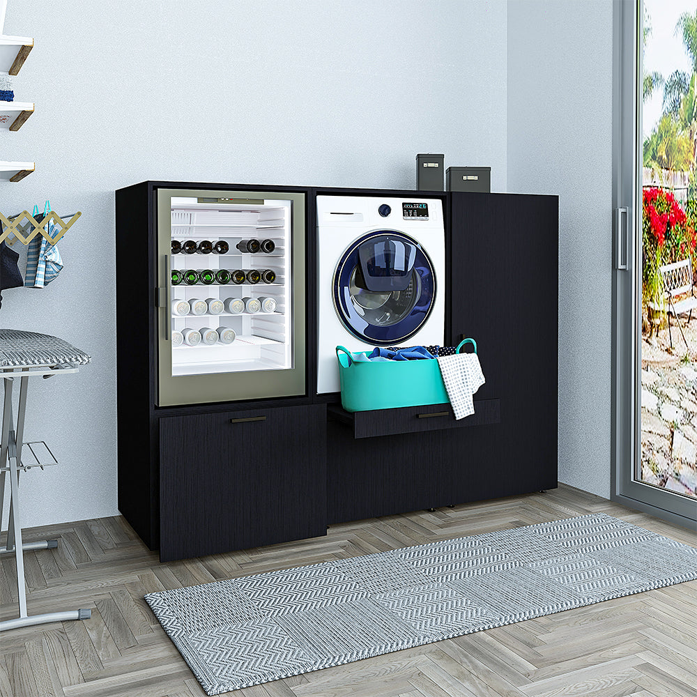 Roomart • Schrankwand für Hauswirtschaftsraum • Washturm Mit Schubladen und Ausziehbrett • Weiß • Schwarz Eiche - waschmaschinenschrank, washmaschinenschrank, wachmachinenschrank, waschmaschinenüberbau, waschmaschine trockner schrank, waschmaschine schran