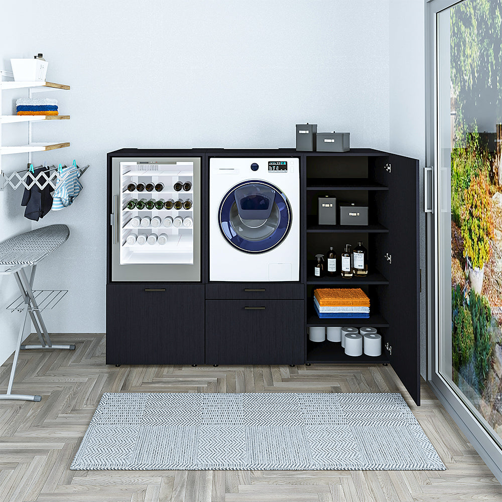 Roomart • Schrankwand für Hauswirtschaftsraum • Washturm Mit Schubladen und Ausziehbrett • Weiß • Schwarz Eiche - waschmaschinenschrank, washmaschinenschrank, wachmachinenschrank, waschmaschinenüberbau, waschmaschine trockner schrank, waschmaschine schran