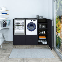 Roomart • Schrankwand für Hauswirtschaftsraum • Washturm Mit Schubladen und Ausziehbrett • Weiß • Schwarz Eiche - waschmaschinenschrank, washmaschinenschrank, wachmachinenschrank, waschmaschinenüberbau, waschmaschine trockner schrank, waschmaschine schran
