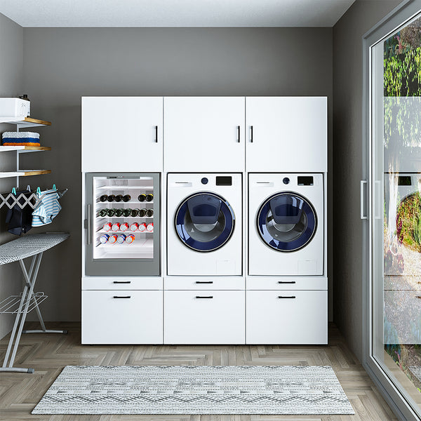 Roomart Schrankwand für Waschmaschine & Trockner – SERIE 2 -  201 cm breit, Waschmaschinen-Überbau mit Schrankaufsätzen, Waschküche & Hauswirtschaftsraum, Weiß / Schwarz-Eiche