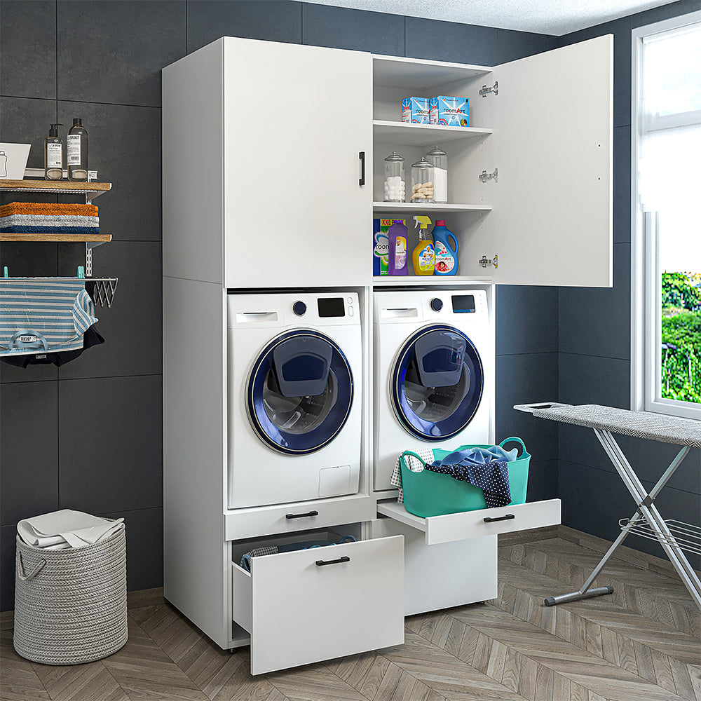 Roomart • Meuble pour machine à laver avec éléments de rangement 87 cm • HWD : 240 x 134 x 66,8 cm • Tiroir et plateau coulissant • Blanc • Chêne noir