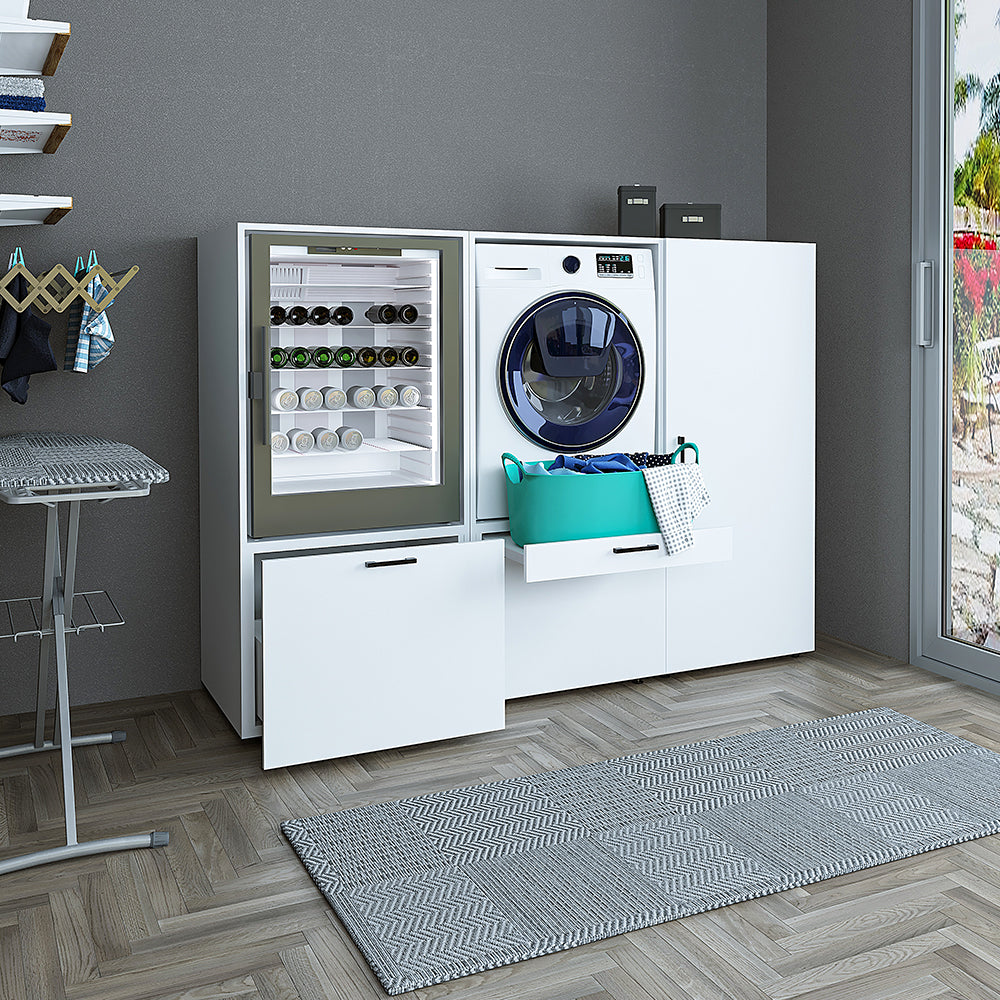 Roomart • Schrankwand für Hauswirtschaftsraum • Washturm Mit Schubladen und Ausziehbrett • Weiß • Schwarz Eiche - waschmaschinenschrank, washmaschinenschrank, wachmachinenschrank, waschmaschinenüberbau, waschmaschine trockner schrank, waschmaschine schran