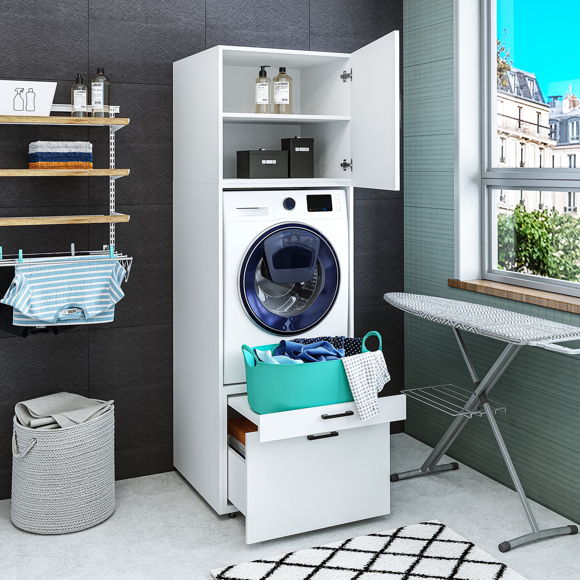 oneconcept, waschmaschinenüberbauschrank, stapeln, waschmaschienenschrank, rahmen, über, auffangwanne, untergestell, waschmaschinenregal, zwischenbaurahmen, antirutschmatte, verbindungsrahmen, universal, schwingungsdämpfer, rückläufer, kaufen, auf, stellen, vibrationsdämpfer, unterbau, übereinander, stabil, kühlschrank, erhöhung, waschmaschienenuntergestell, podest