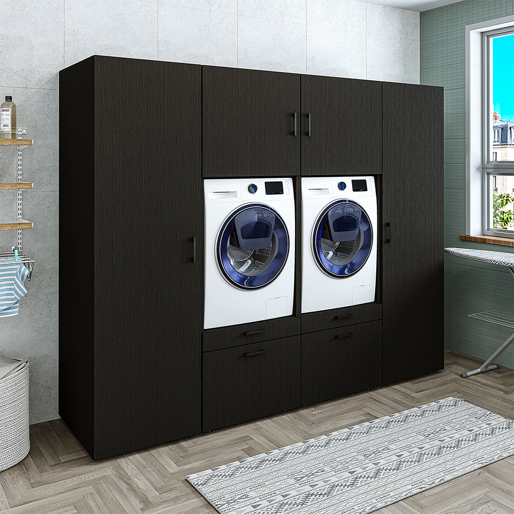 Roomart • Meuble mural lave-linge Buanderie &amp; buanderie • Avec tiroirs et étagère coulissante • Largeur 254 cm • Blanc • Chêne noir