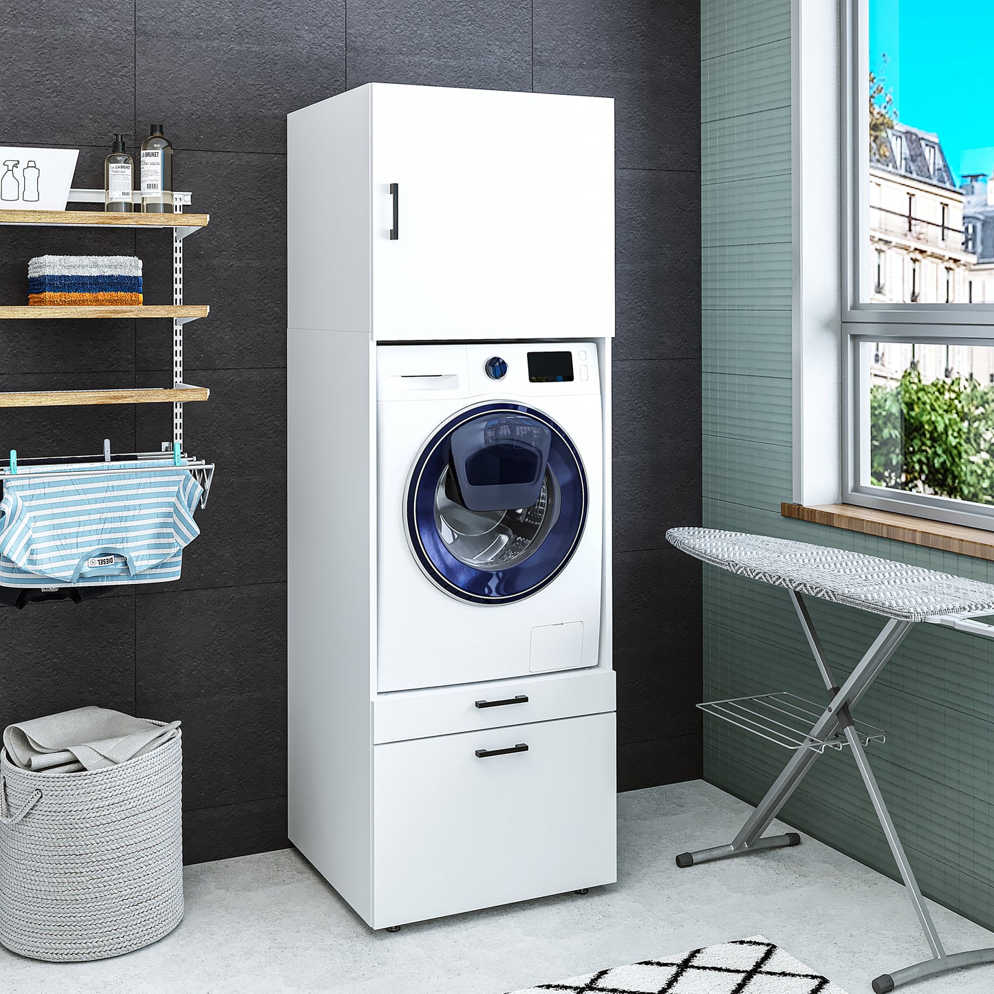 Roomart Waschmaschinenschrank mit Schrankaufsatz 62cm • HBT: 205x67x66,8 cm • Schublade & Ausziehbrett • Weiß  • Schwarz eiche