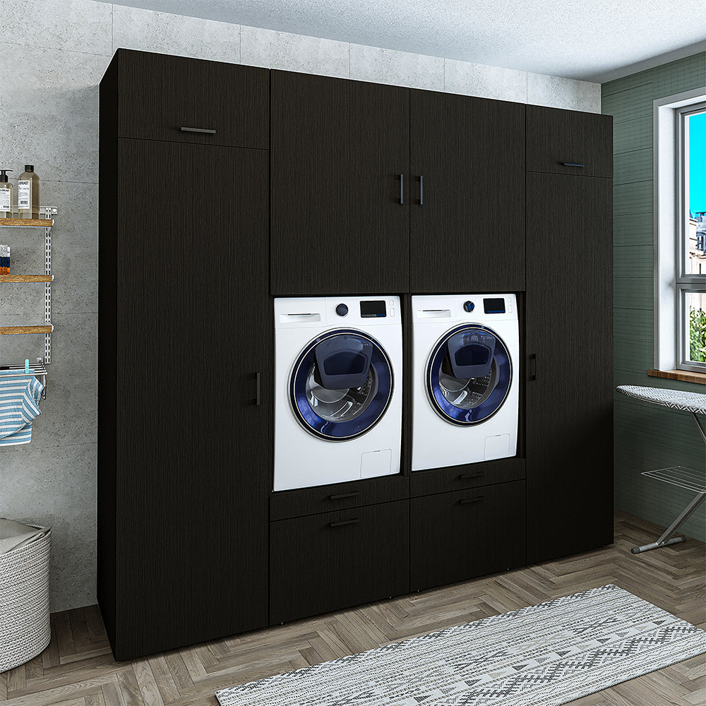 Roomart • Meuble mural lave-linge Buanderie &amp; buanderie • Avec tiroirs et étagère coulissante • Largeur 254 cm • Blanc • Chêne noir