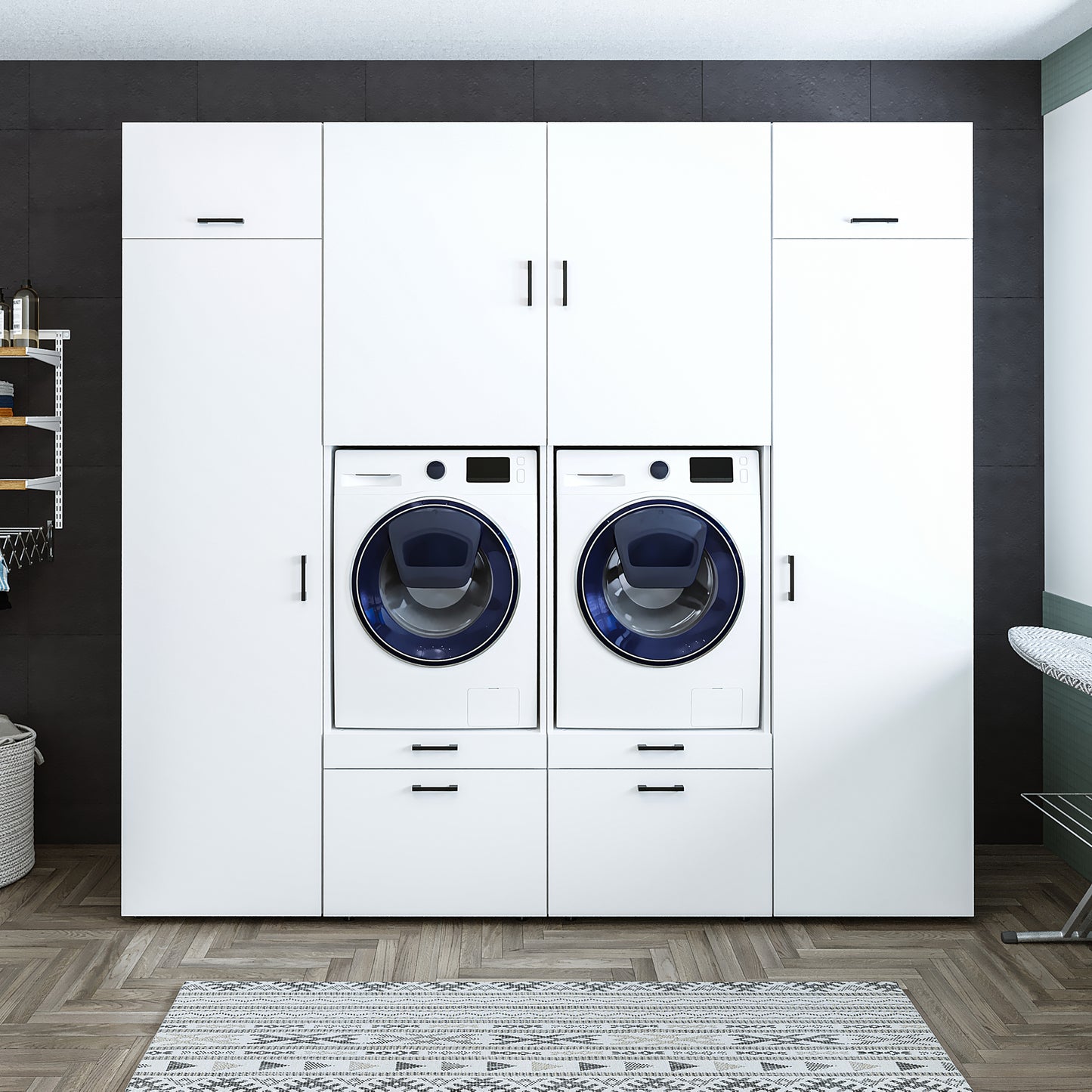 Roomart • Meuble mural lave-linge Buanderie &amp; buanderie • Avec tiroirs et étagère coulissante • Largeur 254 cm • Blanc • Chêne noir