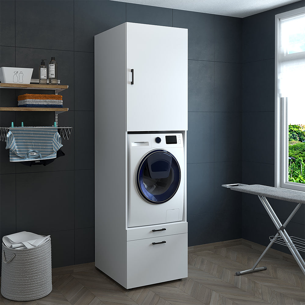 Roomart Waschmaschinenschrank mit Schrankaufsatz 95cm, HBT: 240x67x66,8 cm, Schublade & Ausziehbrett, Eiche, Weiß, Schwarz eiche