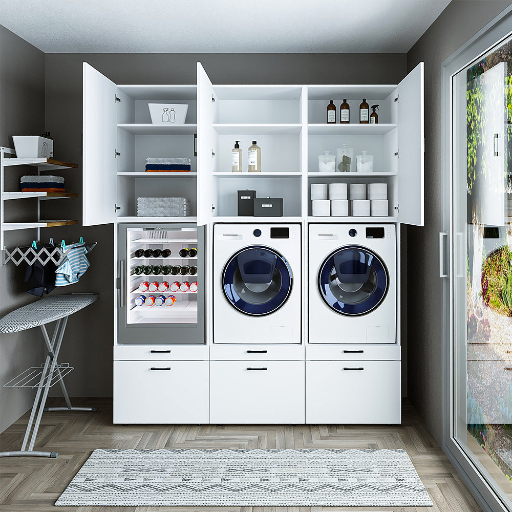 Roomart   Schrankwand mit Schrankaufsätzen für Waschmachine & Trockner • 201 cm Breit • Weiß • Schwarz eiche