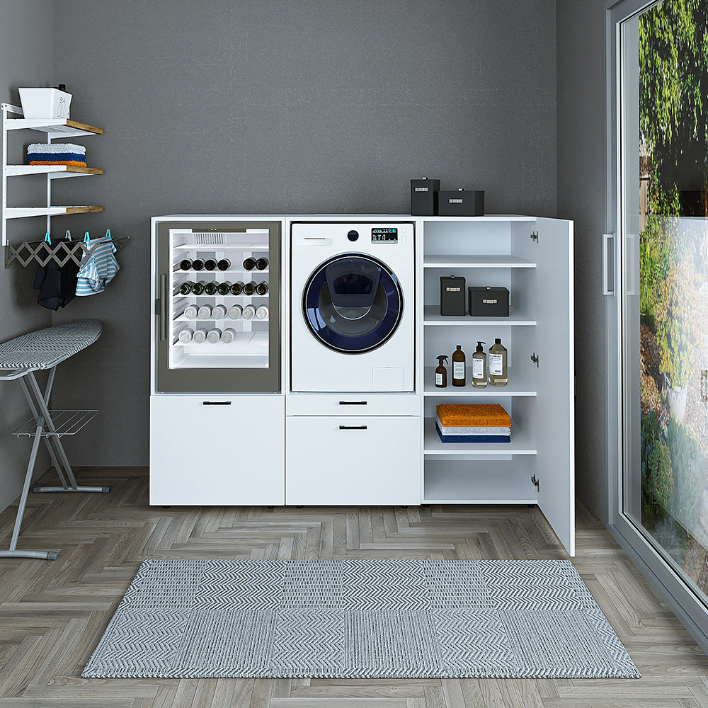 Roomart • Schrankwand für Hauswirtschaftsraum • Washturm Mit Schubladen und Ausziehbrett • Weiß • Schwarz Eiche - waschmaschinenschrank, washmaschinenschrank, wachmachinenschrank, waschmaschinenüberbau, waschmaschine trockner schrank, waschmaschine schran