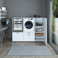 Roomart • Schrankwand für Hauswirtschaftsraum • Washturm Mit Schubladen und Ausziehbrett • Weiß • Schwarz Eiche - waschmaschinenschrank, washmaschinenschrank, wachmachinenschrank, waschmaschinenüberbau, waschmaschine trockner schrank, waschmaschine schran