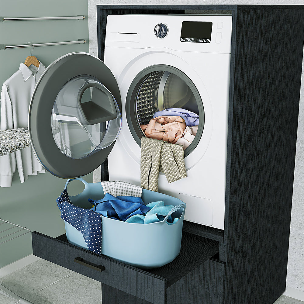 Roomart • Waschmachinen Schrankwand Hauswirtschaftsraum & Waschküche • Mit Schubladen und Ausziehbrett • 254 cm Breit • Weiß • Schwarz eiche