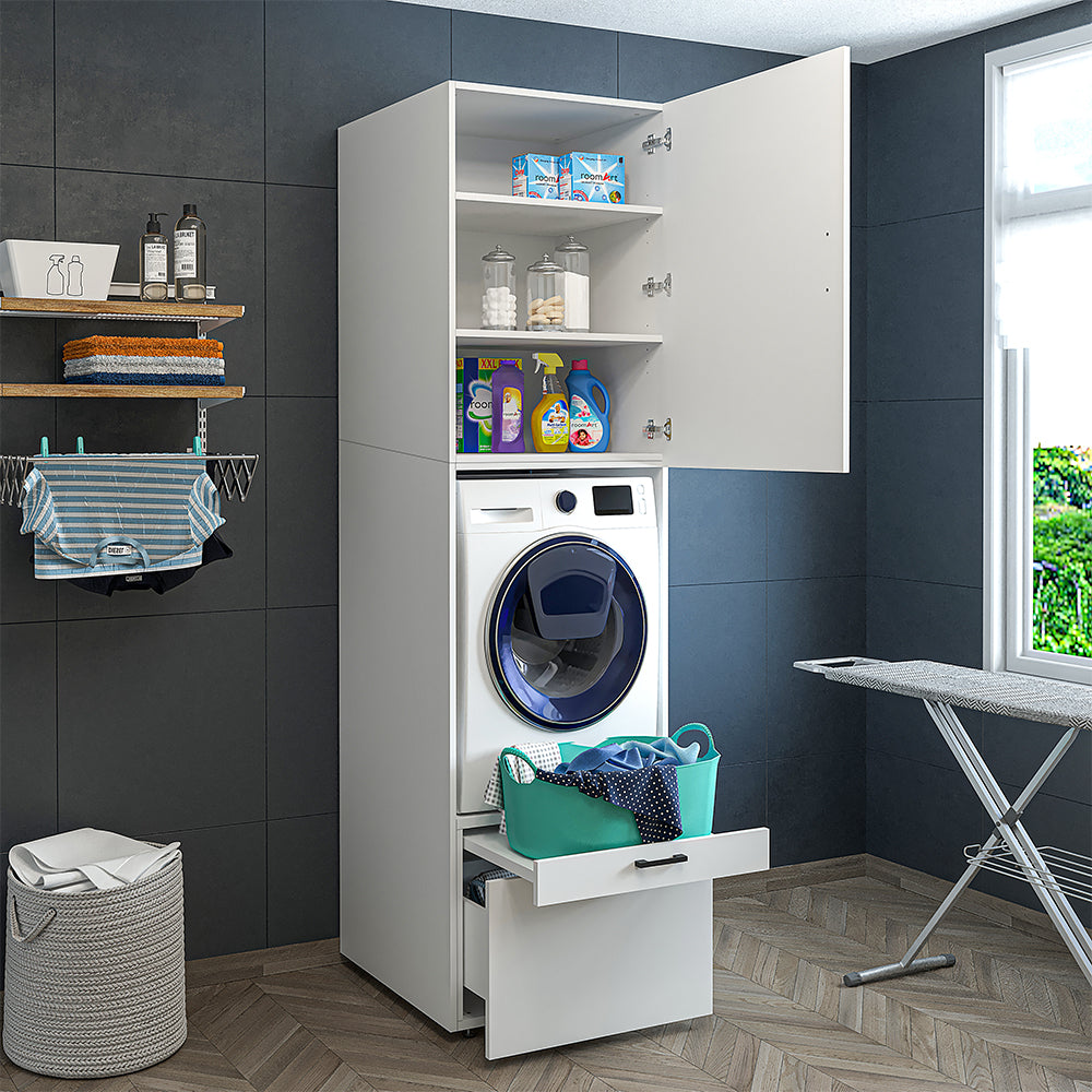 Roomart Waschmaschinenschrank mit Schrankaufsatz 95cm, HBT: 240x67x66,8 cm, Schublade & Ausziehbrett, Eiche, Weiß, Schwarz eiche