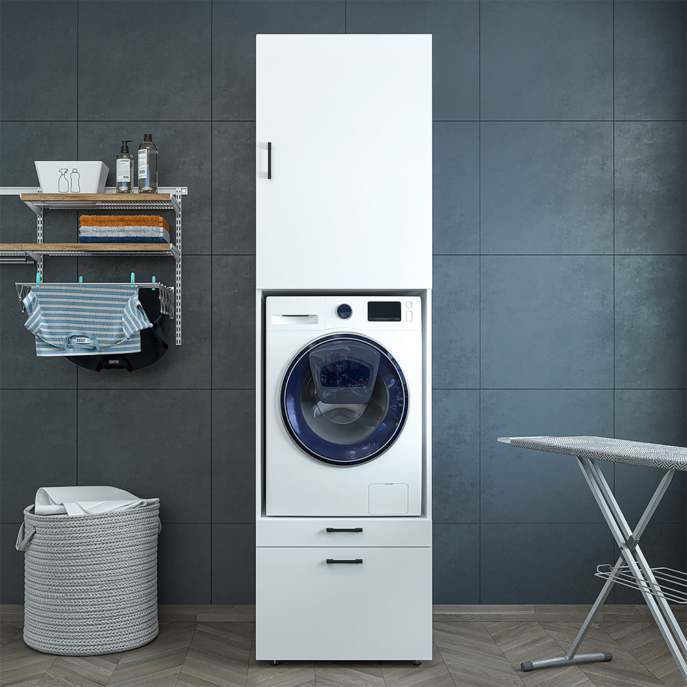 Roomart Waschmaschinenschrank mit Schrankaufsatz 95cm, HBT: 240x67x66,8 cm, Schublade & Ausziehbrett, Eiche, Weiß, Schwarz eiche