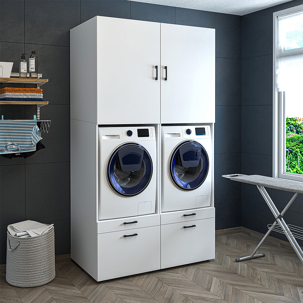 Roomart • Meuble pour machine à laver avec éléments de rangement 87 cm • HWD : 240 x 134 x 66,8 cm • Tiroir et plateau coulissant • Blanc • Chêne noir