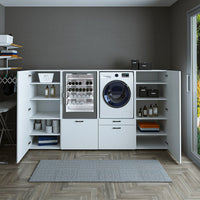 Roomart • Schrankwand für Hauswirtschaftsraum • Washturm Mit Schubladen und Ausziehbrett • Weiß • Schwarz Eiche - waschmaschinenschrank, washmaschinenschrank, wachmachinenschrank, waschmaschinenüberbau, waschmaschine trockner schrank, waschmaschine schran