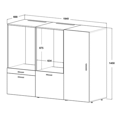 Roomart • Schrankwand für Hauswirtschaftsraum • Washturm Mit Schubladen und Ausziehbrett • Weiß • Schwarz Eiche - waschmaschinenschrank, washmaschinenschrank, wachmachinenschrank, waschmaschinenüberbau, waschmaschine trockner schrank, waschmaschine schran