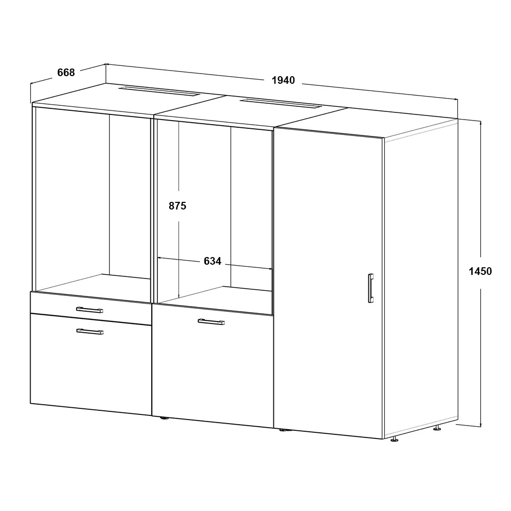 Roomart • Schrankwand für Hauswirtschaftsraum • Washturm Mit Schubladen und Ausziehbrett • Weiß • Schwarz Eiche - waschmaschinenschrank, washmaschinenschrank, wachmachinenschrank, waschmaschinenüberbau, waschmaschine trockner schrank, waschmaschine schran