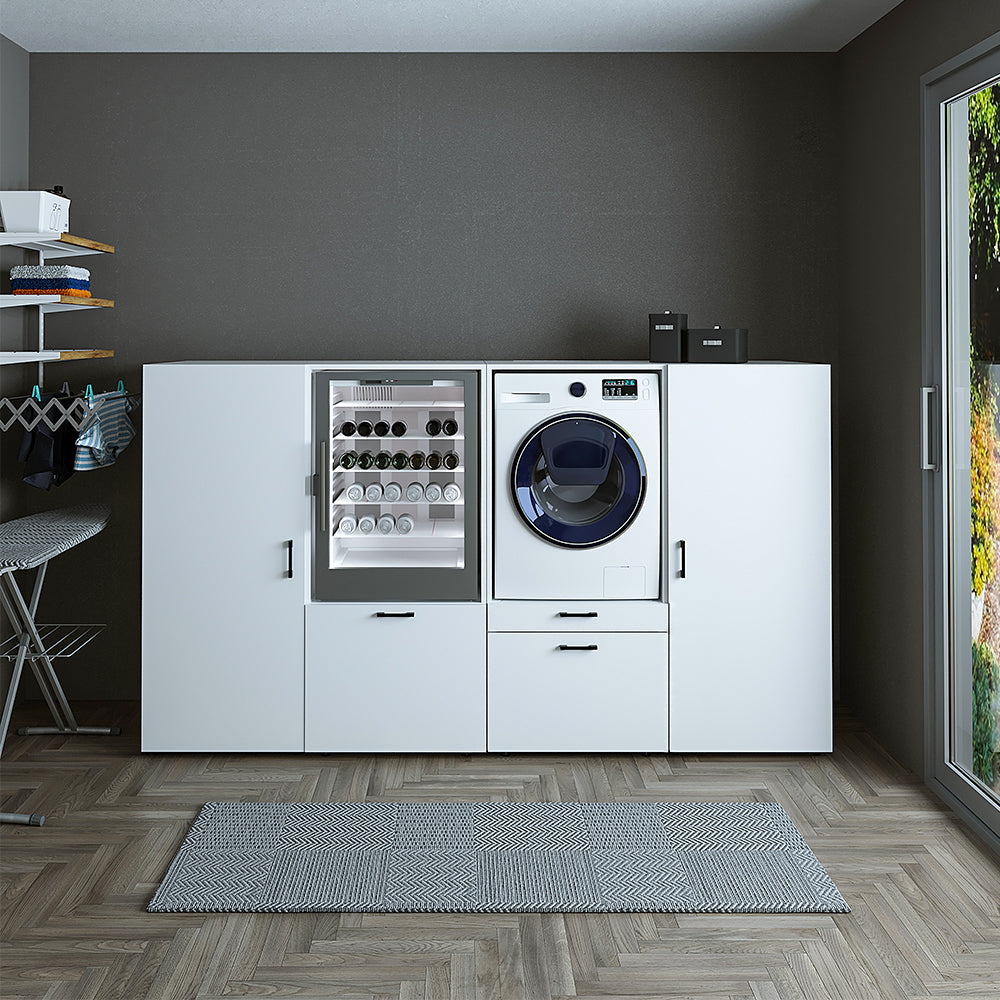 Roomart • Schrankwand für Hauswirtschaftsraum • Washturm Mit Schubladen und Ausziehbrett • Weiß • Schwarz Eiche - waschmaschinenschrank, washmaschinenschrank, wachmachinenschrank, waschmaschinenüberbau, waschmaschine trockner schrank, waschmaschine schran