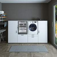 Roomart • Schrankwand für Hauswirtschaftsraum • Washturm Mit Schubladen und Ausziehbrett • Weiß • Schwarz Eiche - waschmaschinenschrank, washmaschinenschrank, wachmachinenschrank, waschmaschinenüberbau, waschmaschine trockner schrank, waschmaschine schran