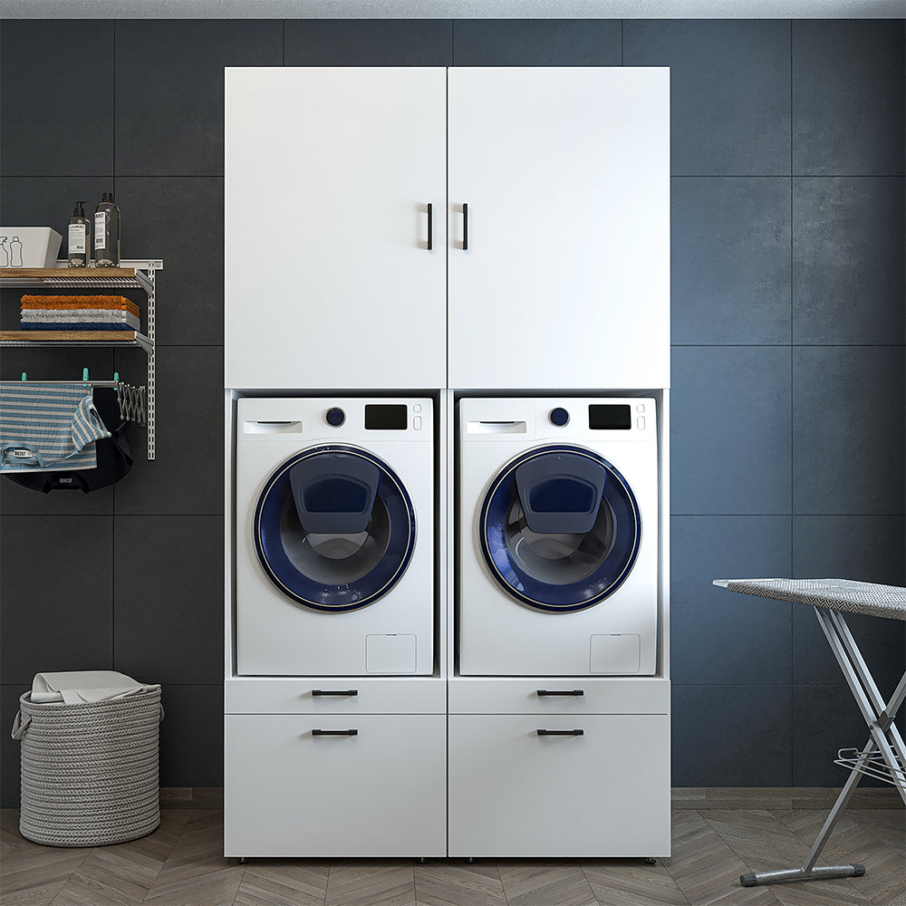 Roomart • Meuble pour machine à laver avec éléments de rangement 87 cm • HWD : 240 x 134 x 66,8 cm • Tiroir et plateau coulissant • Blanc • Chêne noir