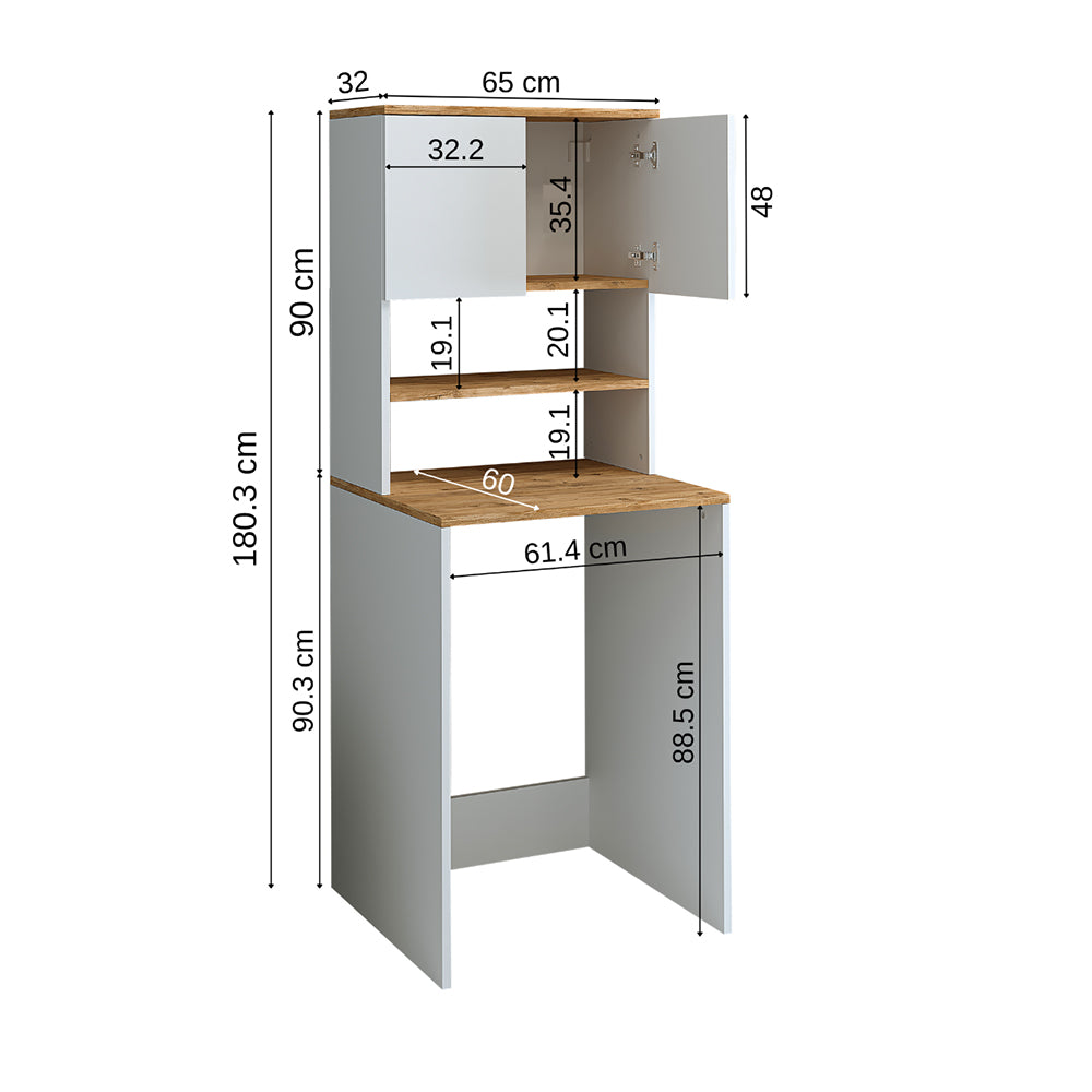 Roomart, mobile per lavatrice da bagno Atlantic, sovrastruttura per lavatrice, LHD: 65 x 181 x 60 cm, in rovere bianco, rovere antracite
