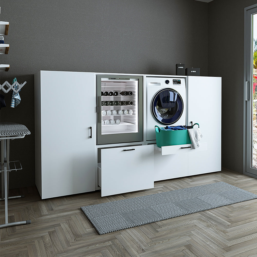 Roomart • Schrankwand für Hauswirtschaftsraum • Washturm Mit Schubladen und Ausziehbrett • Weiß • Schwarz Eiche - waschmaschinenschrank, washmaschinenschrank, wachmachinenschrank, waschmaschinenüberbau, waschmaschine trockner schrank, waschmaschine schran