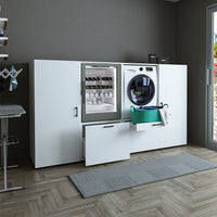 Roomart • Schrankwand für Hauswirtschaftsraum • Washturm Mit Schubladen und Ausziehbrett • Weiß • Schwarz Eiche - waschmaschinenschrank, washmaschinenschrank, wachmachinenschrank, waschmaschinenüberbau, waschmaschine trockner schrank, waschmaschine schran