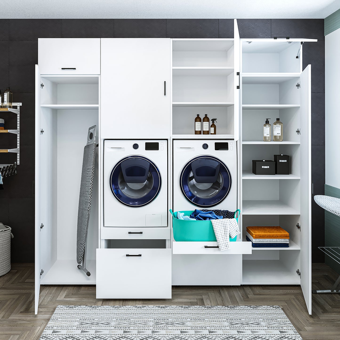Roomart • Meuble mural lave-linge Buanderie &amp; buanderie • Avec tiroirs et étagère coulissante • Largeur 254 cm • Blanc • Chêne noir